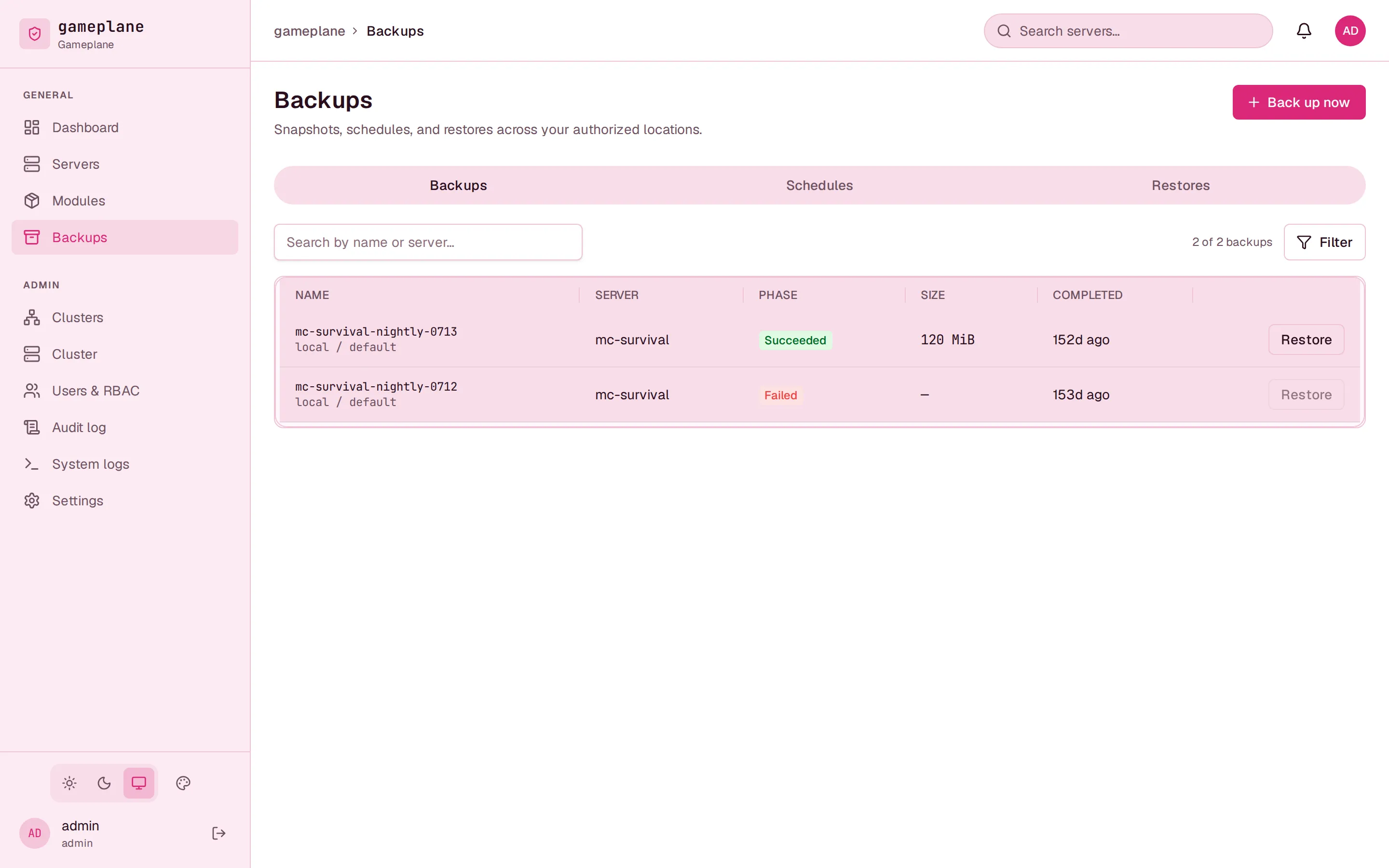 Backups page