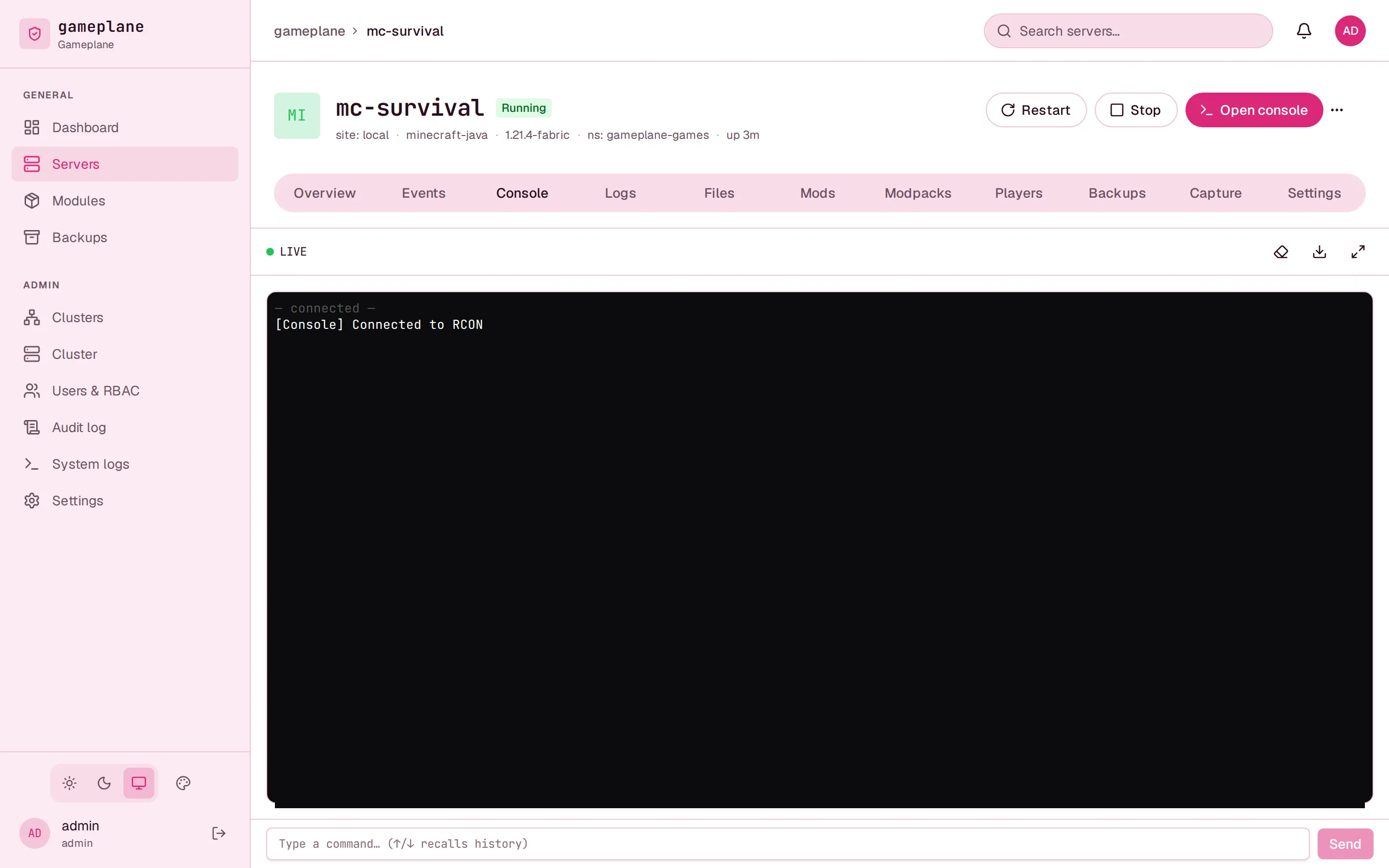 Live console streaming RCON output for a running server