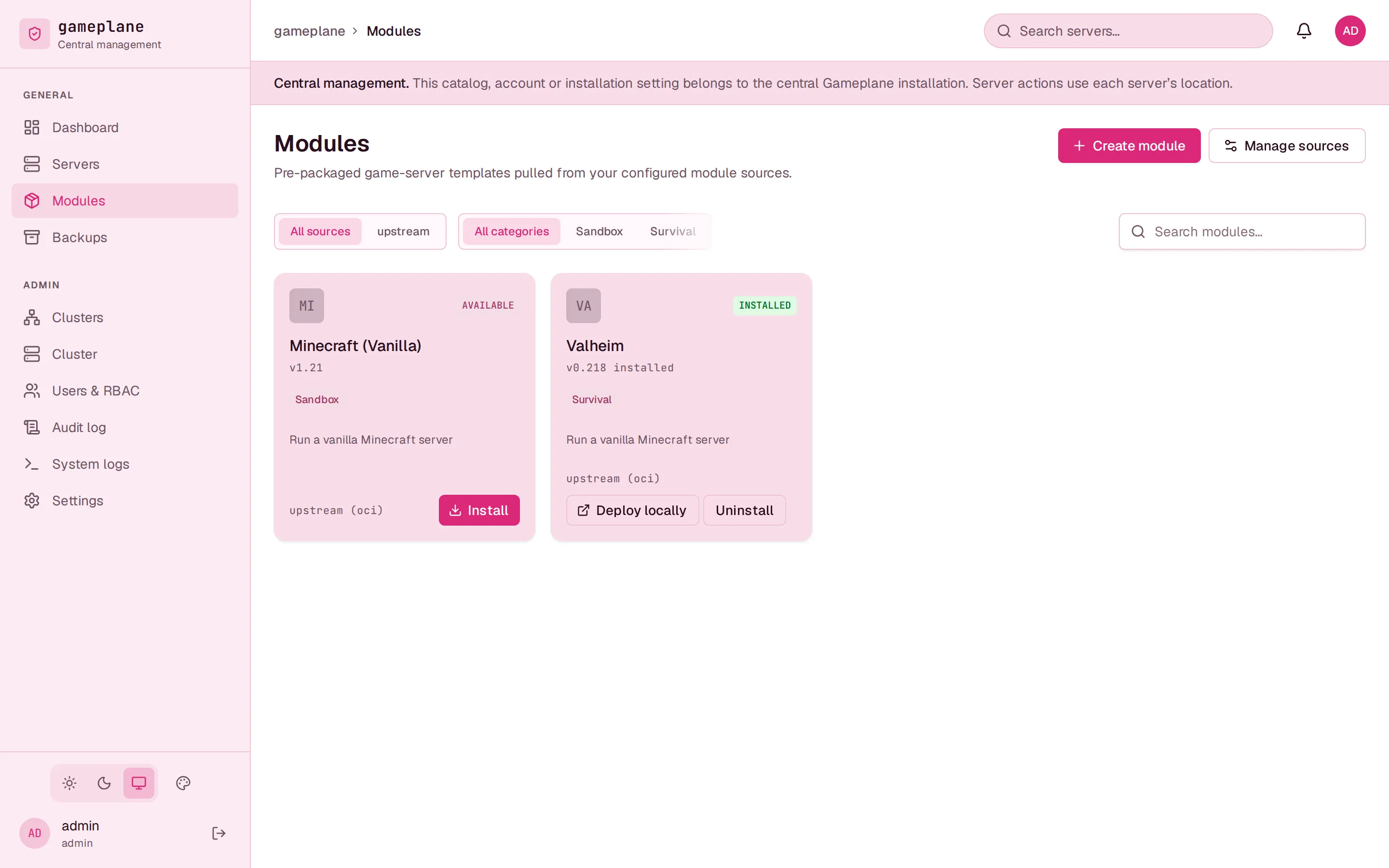 Module catalog with Minecraft, Terraria, and Valheim