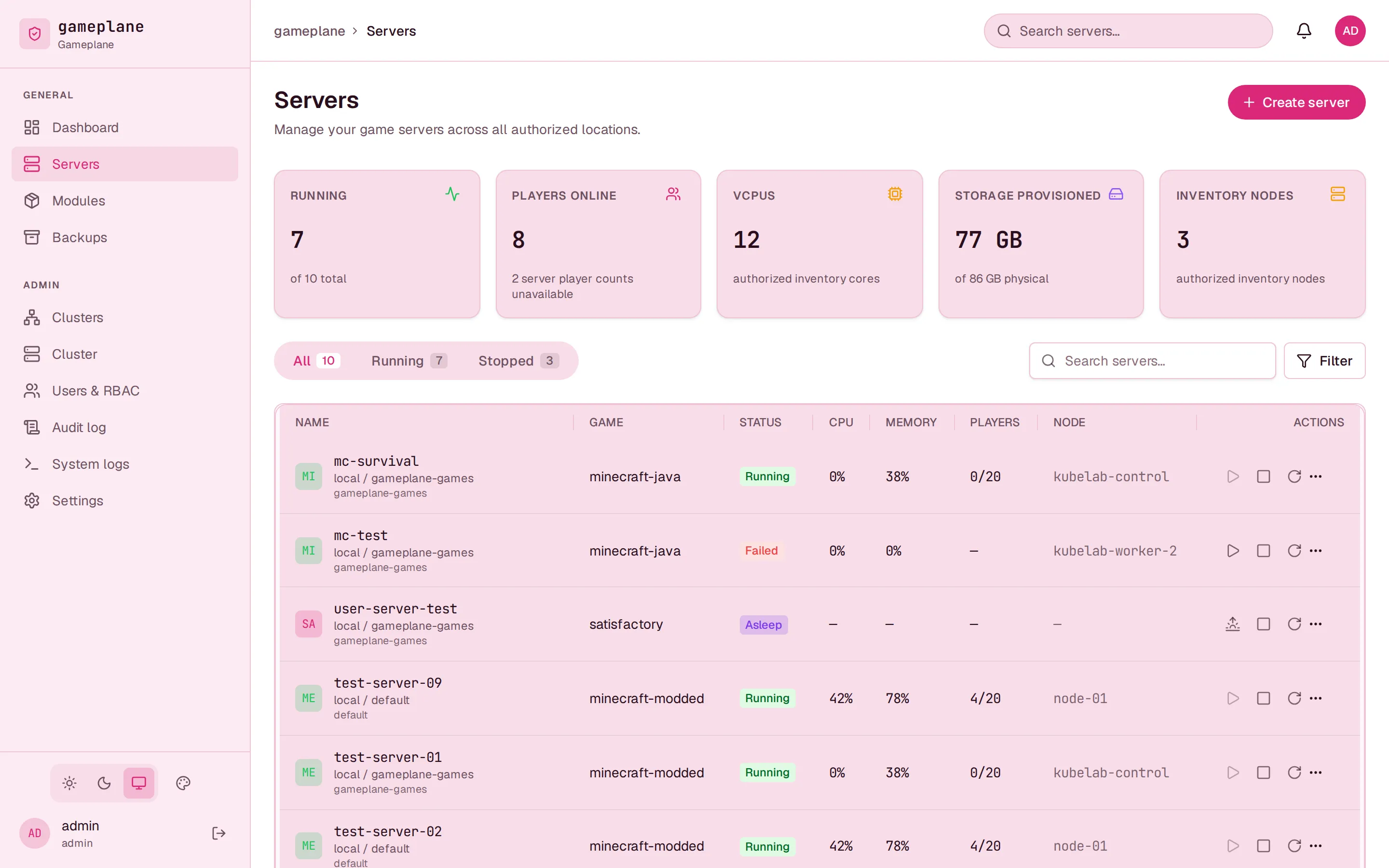 Servers list showing a running Minecraft server